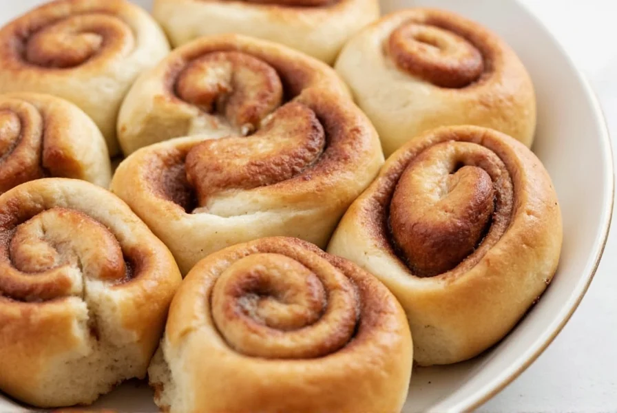 Perfectly golden yeast-free cinnamon rolls with creamy icing drizzled on top, close-up showing flaky layers and gooey cinnamon filling