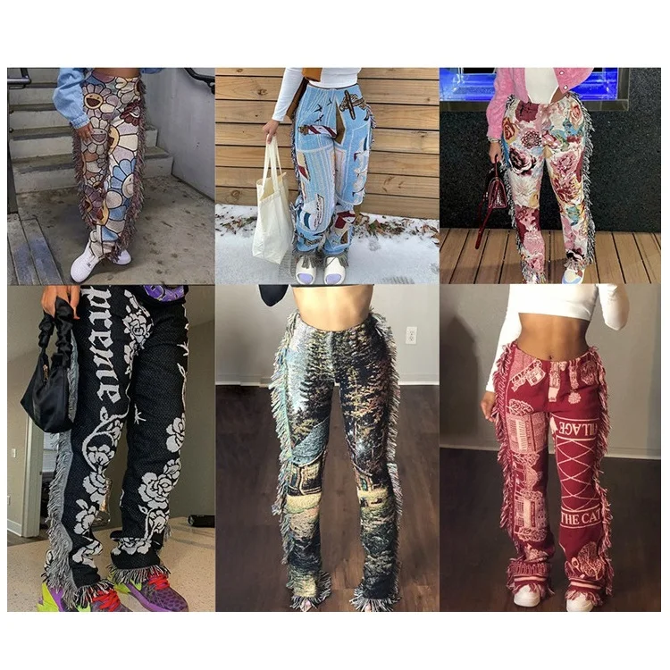 

Trendy Ladies Street Clothing Printed Tassels Loose Summer Casual Women Long Pants, Picture color