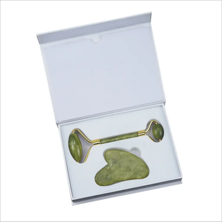 

100% natural jade roller and guasha set with box heart shaped massage anti aging set green xiuyan jade roller gua sha set