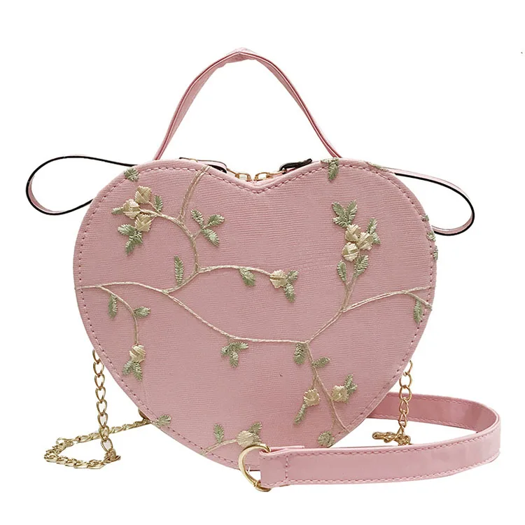 

Heart Korean Embordinary Chain Lace Shoulder Portable Girl Flower Handbag, 4 colors