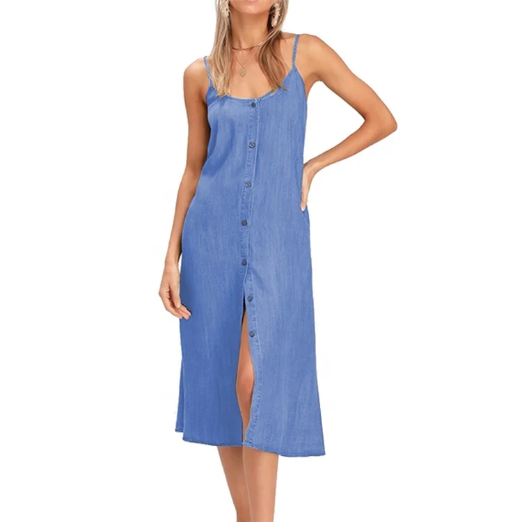 

2021 New Arrivals Summer Womens Casual Irregular Split Blue Jean Sling Wide Loose Backless Denim Long Dress With Buttons, Jean blue