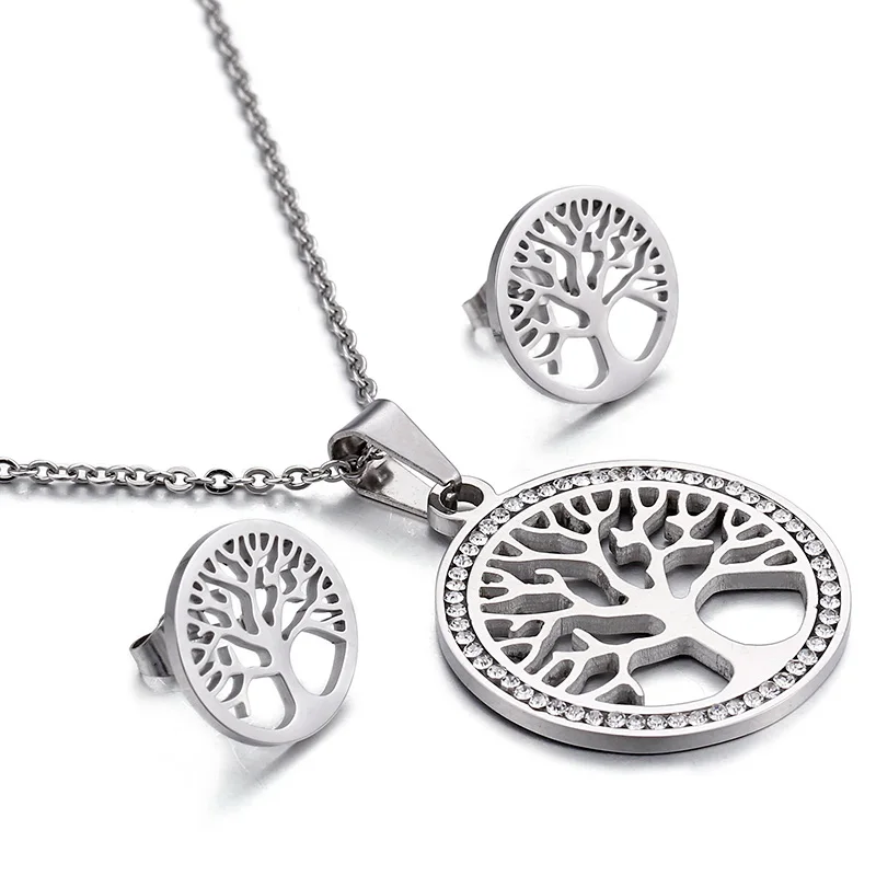 

Ring inlaid diamond tree of life label Necklace stainless steel custom silver plated necklace