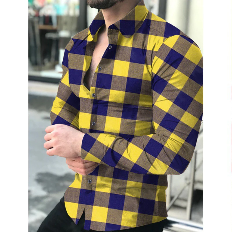 

2021 new men's shirt casual long-sleeved fashion black slim-fit men's Polo plaid shirt, White, red, yellow, green, light red