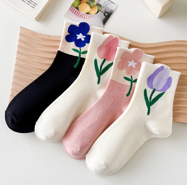 

Cute Fashion Women's Socks Girl Street Dress Accessories Pattern Korean Style New Crew Tulip Flower 86% Cotton Casual Standard