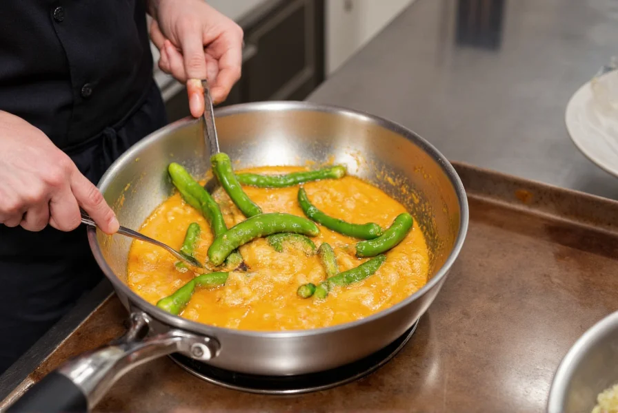 Chef preparing homemade pepper sauce cream in stainless steel pan with fresh peppers and cream ingredients