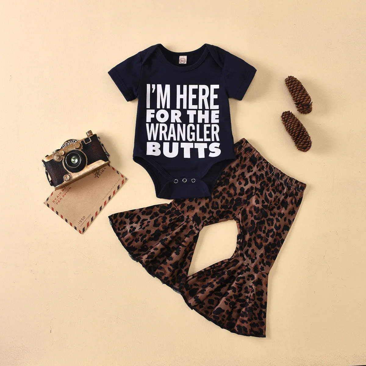 

0-3y Baby Girl Short Sleeve Romper & Leopard Bell Bottom Pants 2pcs Outfit Kids Clothing Set All Season