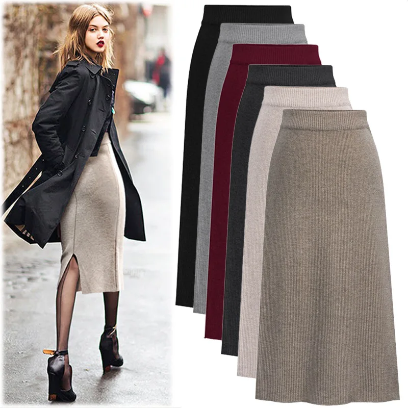 

10%OFF S-6XL Spring/summer large size skirts mid-length wool knitted slit bag hip skirt one-step high waist skirt