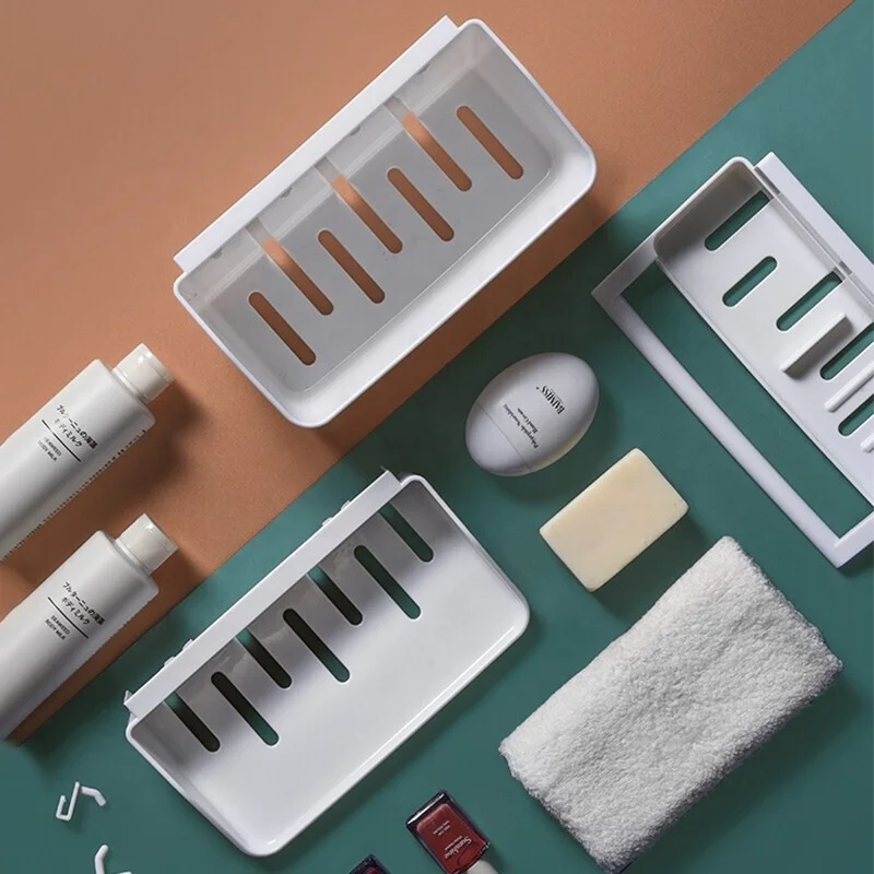 

Bathroom kitchen sink caddy plastic shelves drainage wear soap box multifunction storage rack on wall with Non-trace glue, White