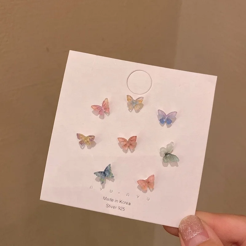 

Top quality girly dainty jewelry simple cute resin colorful butterfly design S925 silver needle stud earrings set for women, As the pic show