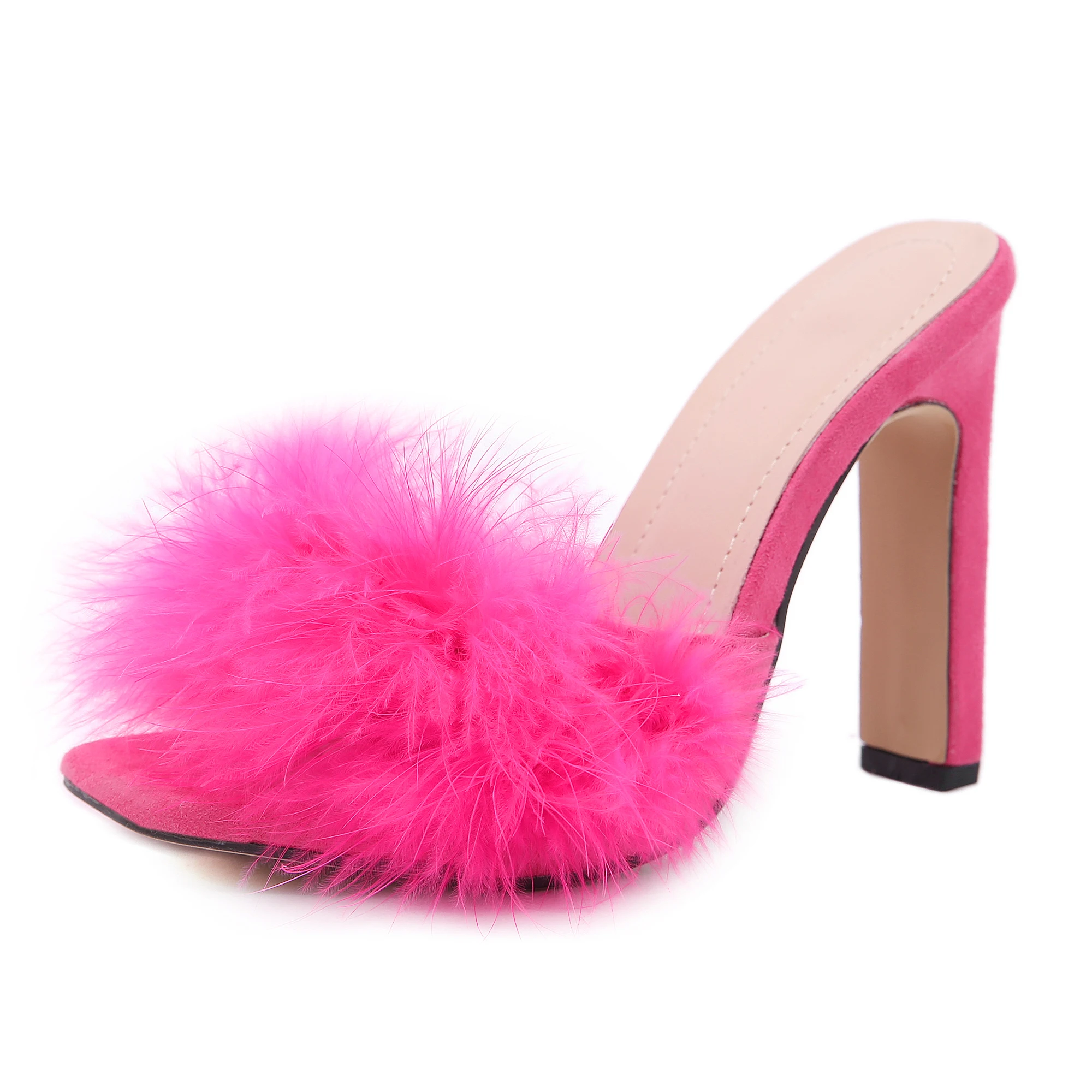 

Colorful Sandalias De Peluche Custom Designer Comfortable Shoes Sandals Chunky Square Toe Fur Heels for Women, Rosy pink, orange, apricot, black
