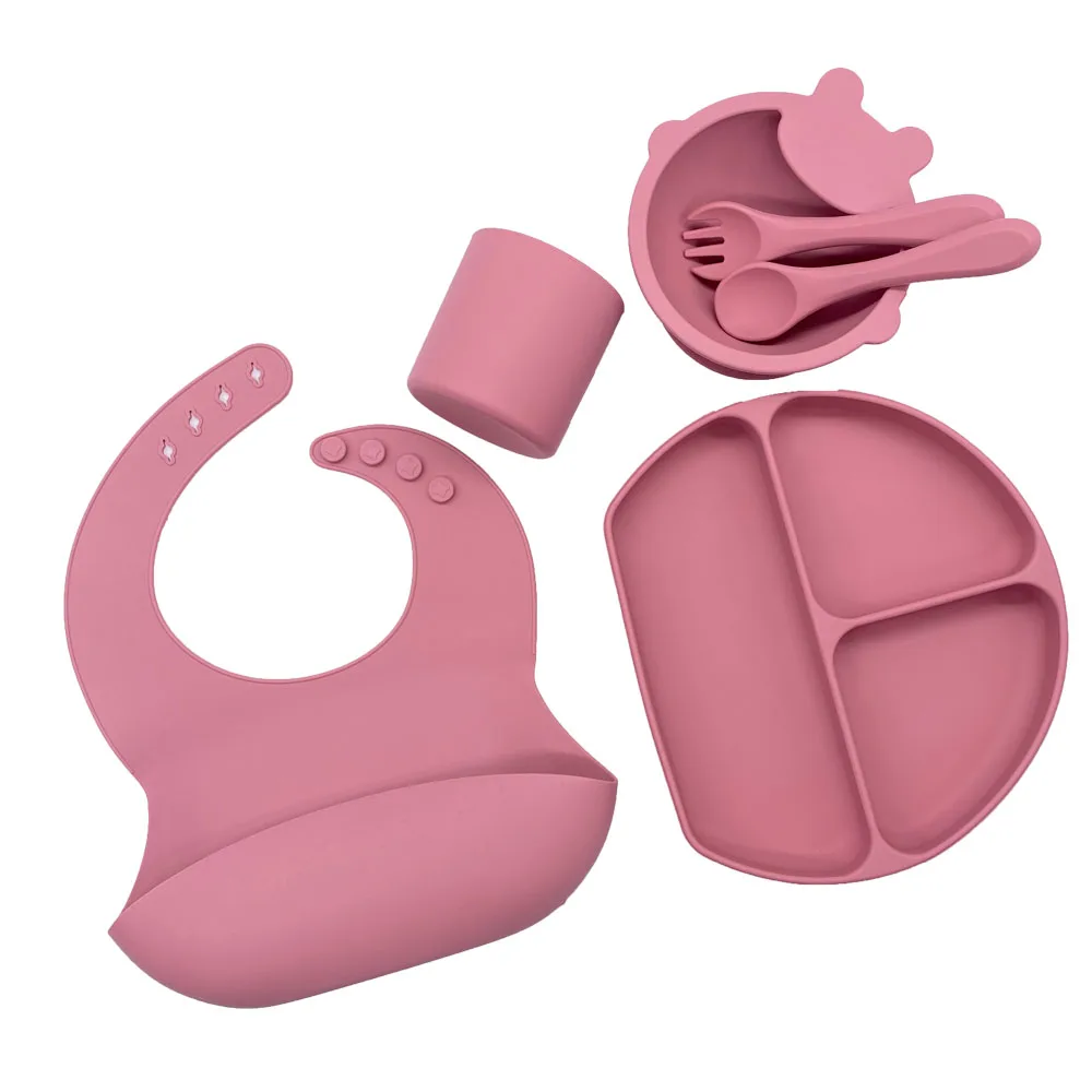

BPA Free Colorful 6pcs Tableware set Silicone Baby Feeding Suction Bowl With Spoon Baby Bib Set