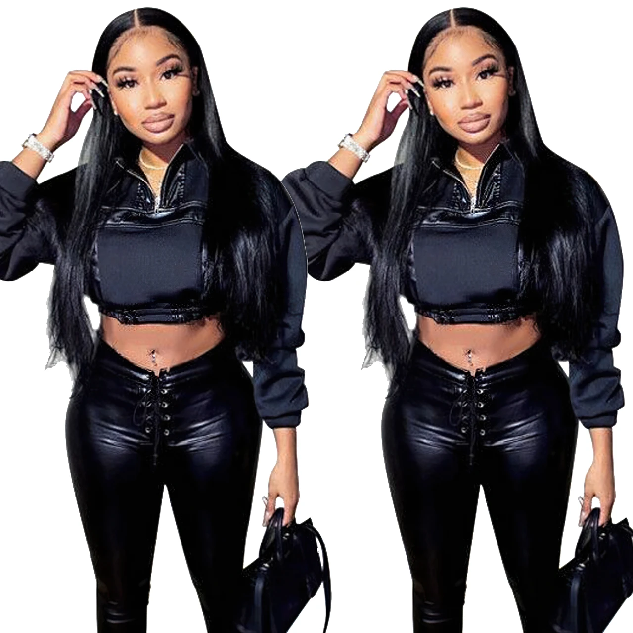 

2021 New design spring autumn high waist black jacket with zipper soft Patchwork T Shirt Long Sleeve women pu leather pants