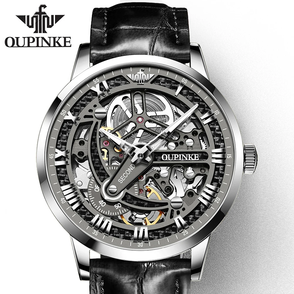 

Oupinke 3173 Top Brand Luxury Mens Leather Wristwatch Automatic Watch Classic Skeleton Sapphire Waterproof Mechanical Watch