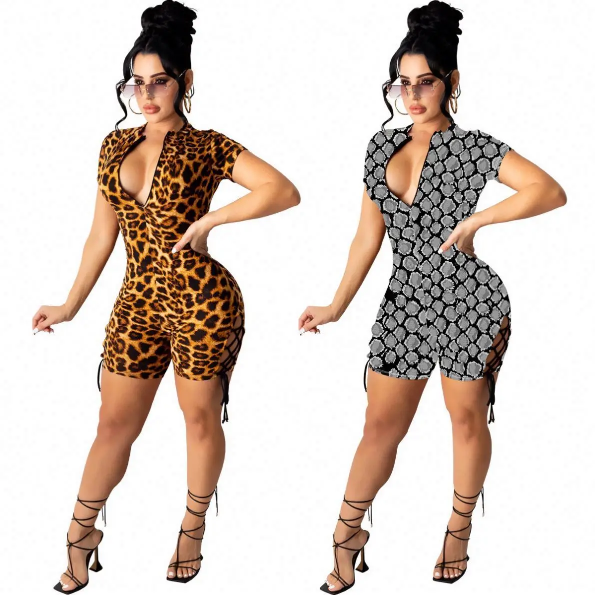 

Dropshipping leopard print bodycon playsuit women sexy zipper short sleeve clothing romper plus size lace up playsuits