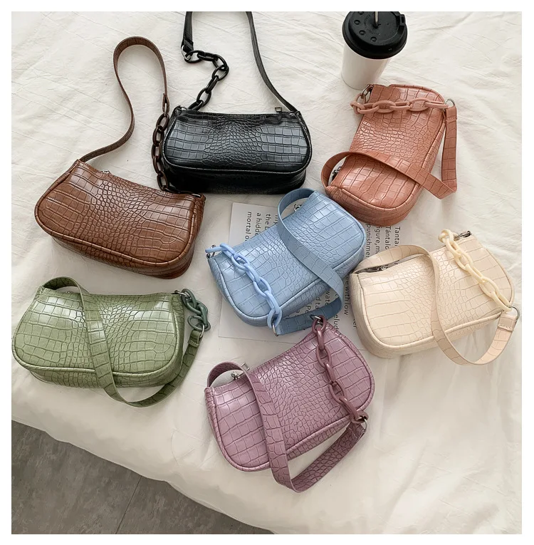 

New Fashion Pu Leather Shoulder Bags Women 2021 Small Chain Crocodile Pattern Underarm Bag For Women, Colorful