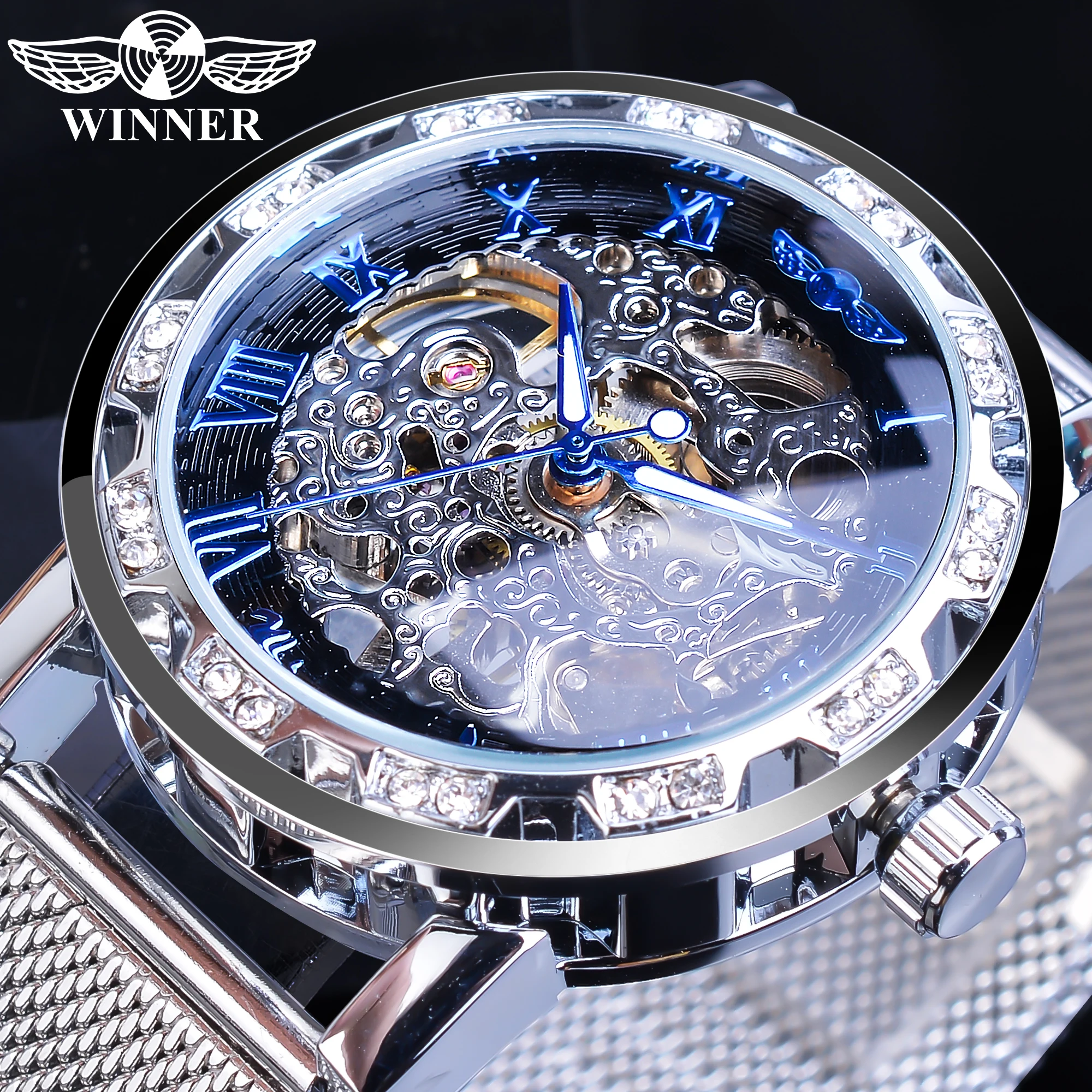 

Top Brand Winner Golden Mesh Band Stainless Steel Watch Golden Gear Movement Mens Transparent Case Mens Skeleton Wrist Watches, Silver
