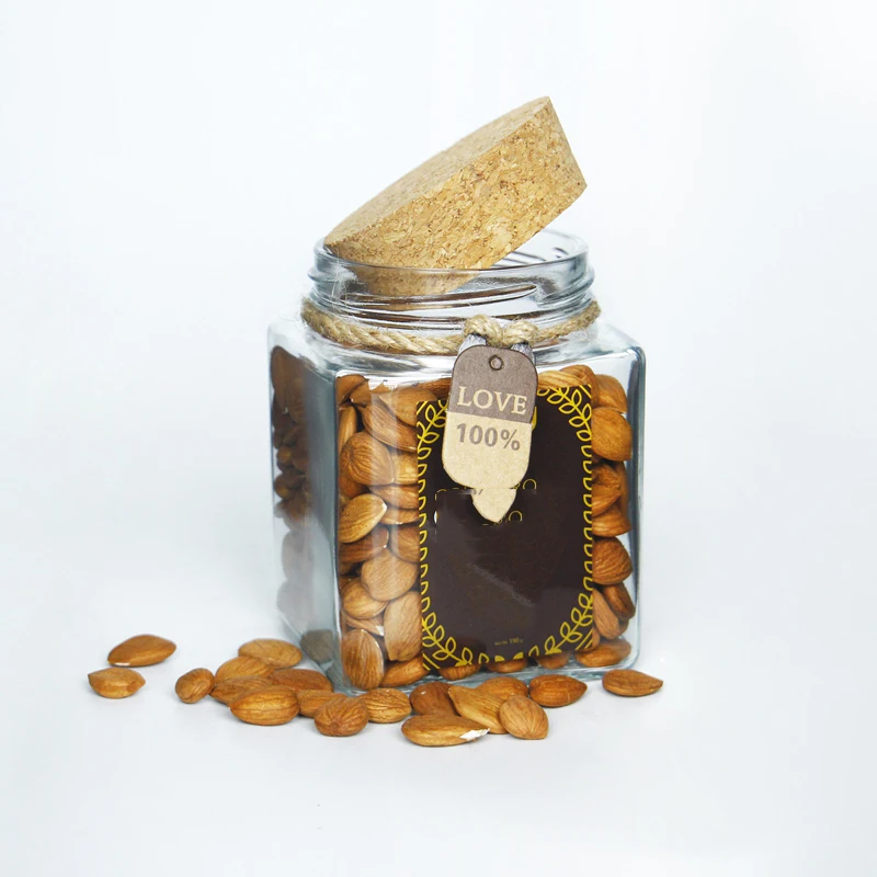 

Food Storage 8oz Square Nuts Glass Jar With Cork Lid For Table containers Saffron Glass Jar with Cork Lid