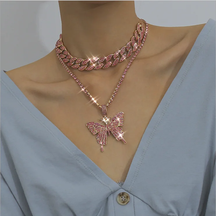 

Light Luxury Hip-hop Full Diamond Cuban Buckle Collar Multilayer Necklace Big Bling Butterfly Necklaces, Gold/silver/pink/gun black