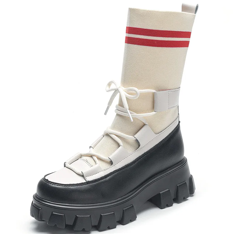 

2020 Lace-up Thin Elastic Socks Boots New Natural Leather Flat Platform Short Chelsea Boots Strapped Shoes for Women