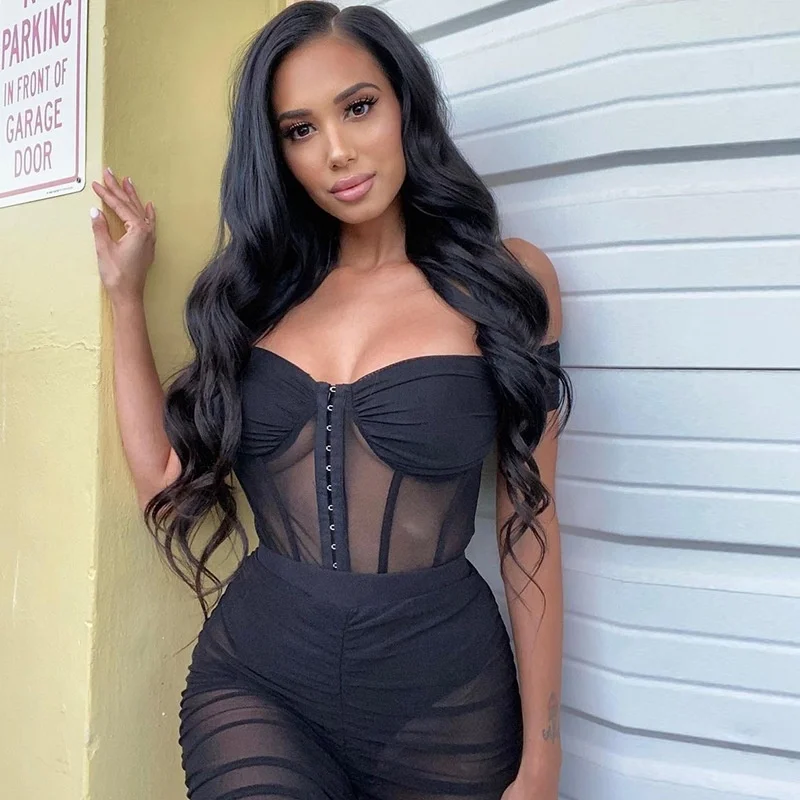 

latest high quality spaghetti strap see through mesh women bodysuit and stacked pants two pieces clothing sets 2021, Black, brown
