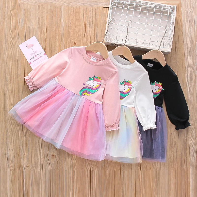 

New Arrival Baby Girls Tutu Dress Toddler Long Sleeve Dresses unicorn Printing Top reflective color Tulle Skirt One piece Baby, Pink/white/black