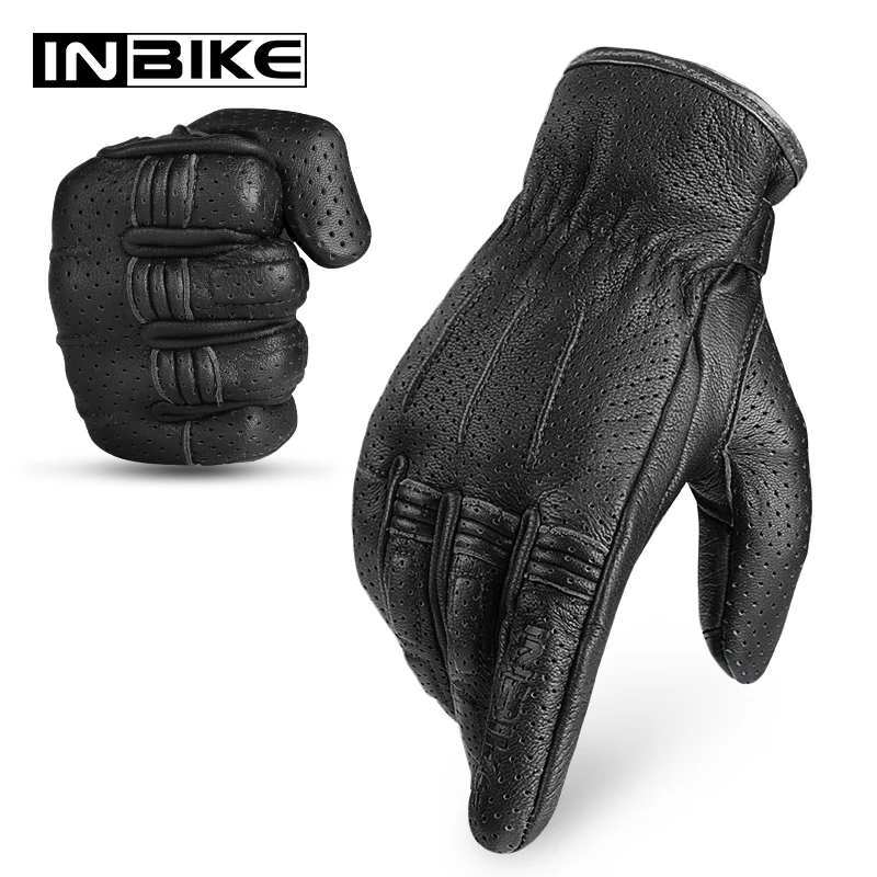 

INBIKE Mens Shockproof Breathable Goatskin Leather Touch Screen Riding Motorcycle Gloves CM330, Black/white/orange