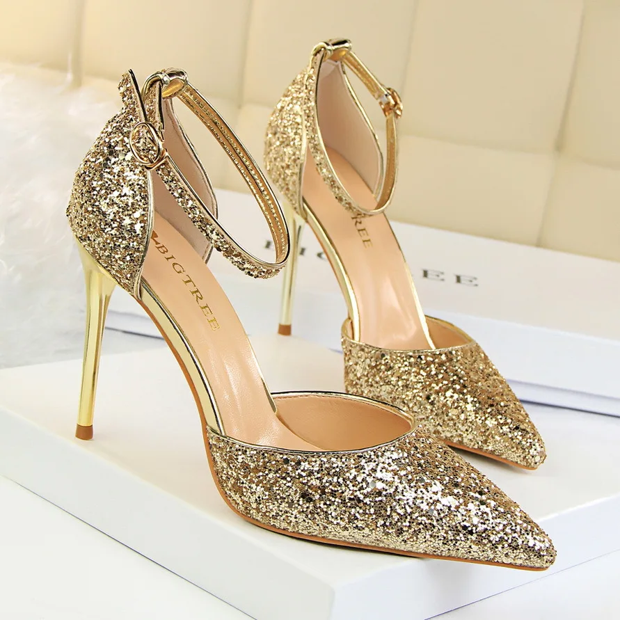 

283-1 Luxurious High Heel Sandals Shallow Pointed Hollow Out Sequin Nightclub Pary Ladies Sandals High Heels Shoes For Women