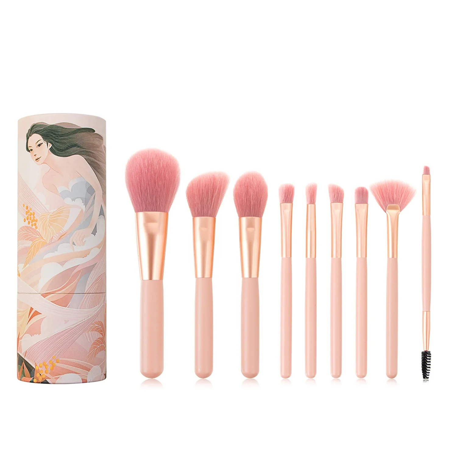 

Private Label Pink 9pcs Makeup Brush Chinese Style Illustratio Cosmetic Brush Storage Bucket Make Up Brush, Picture
