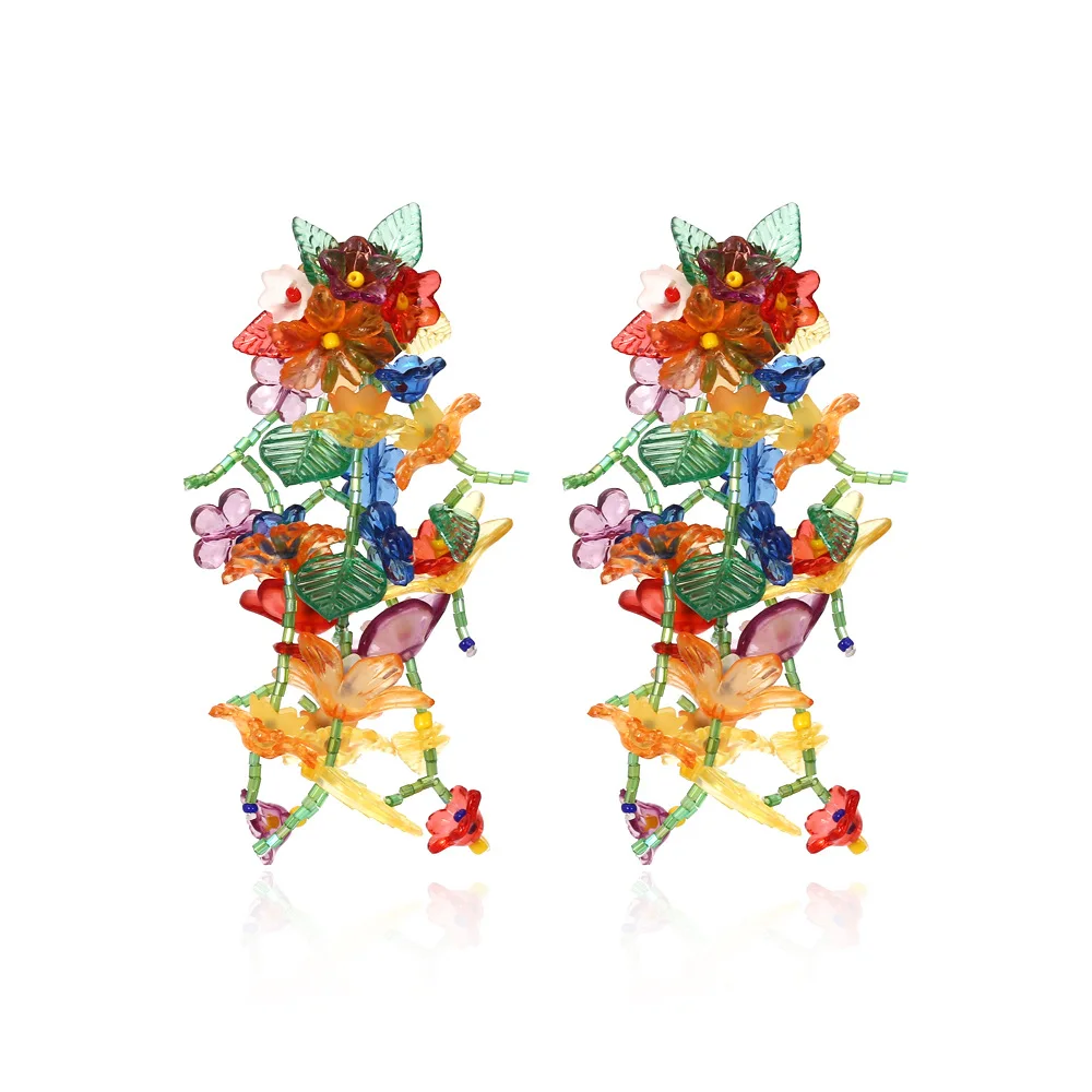 

Fashion girls designer earrings women's flower leaf beaded long tassel earrings retro handmade resin seed beads crystal earrings