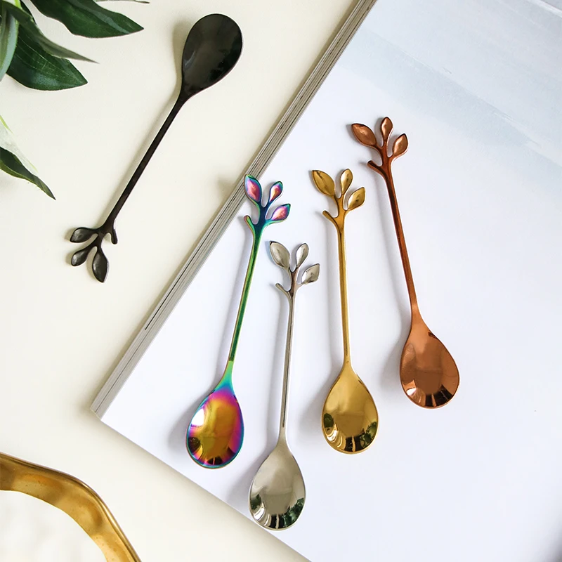 

Leaf shape spoon fork metal gold rose gold rainbow coffee spoon fruit fork gift set