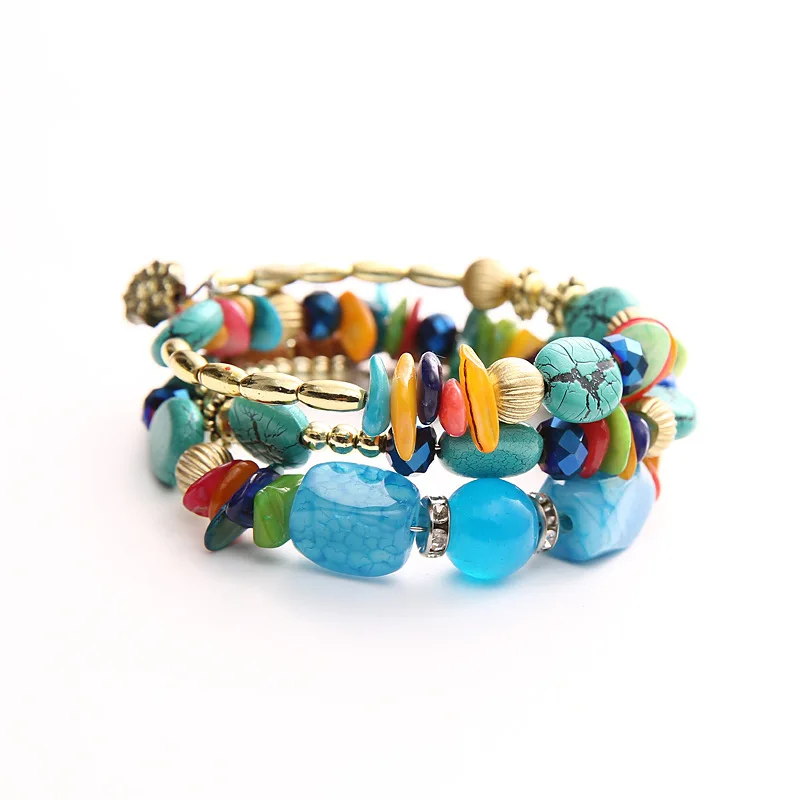 

2020 Hot-selling Colorful Retro Natural Stone Turquoise Agate Beaded Multi-layer Bracelet Bangle