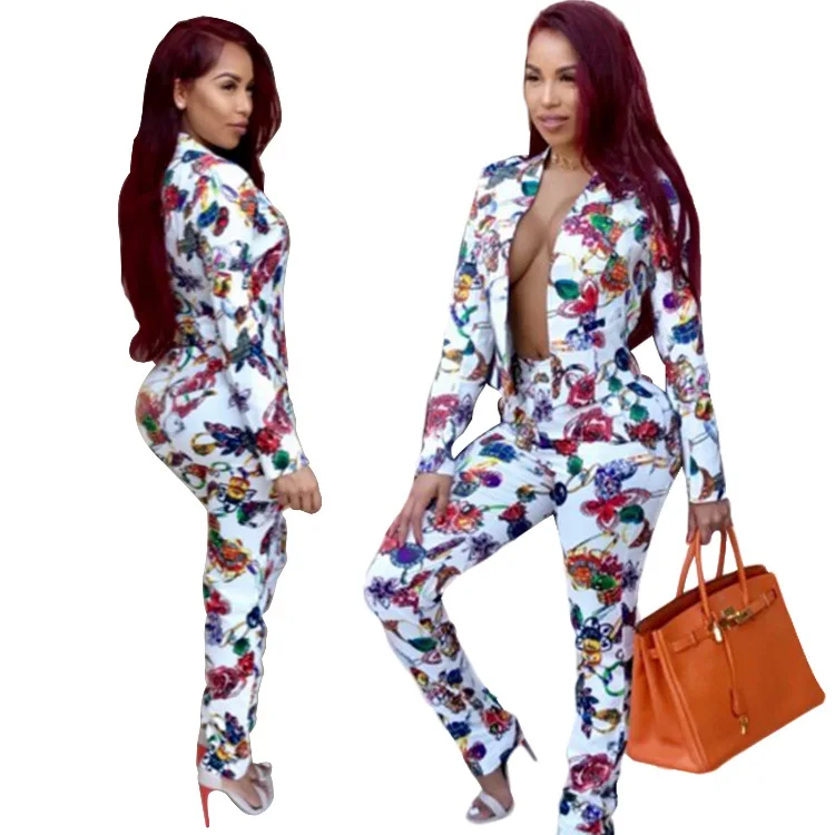 SAK9106 floral print short coat and pencil pants casual 2 piece women outfit set