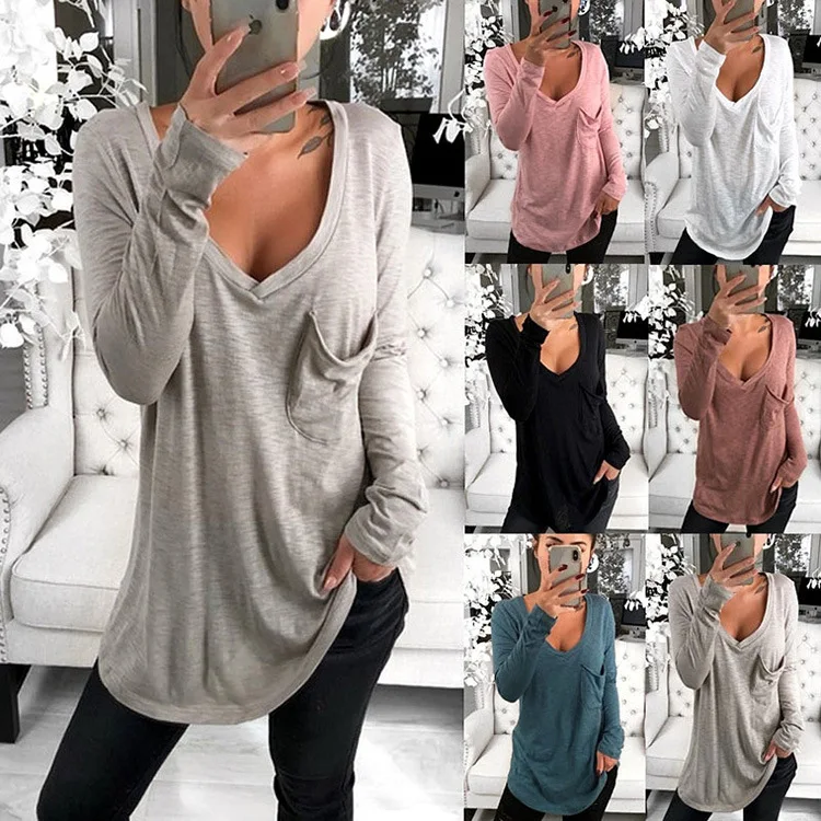 

2020 Women Casual Long Sleeve Deep V Neck sweatshirt Sexy Front Pocket Loose Tops for autumn, Custom color