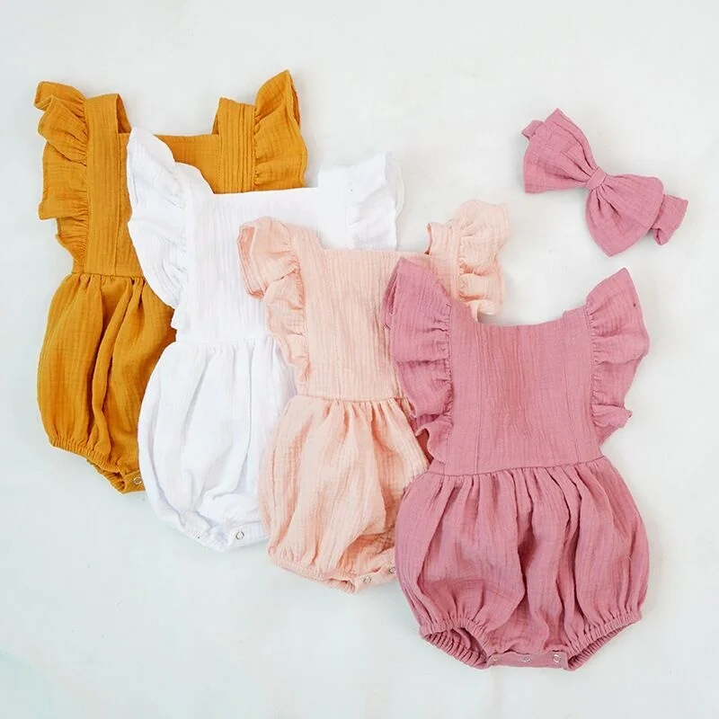 

New 100% Cotton Baby ruffle rompers Climbing Clothes Lotus Leaf Lace Summer Clothing Girl Baby Romper Hair Band Set, Picture shows