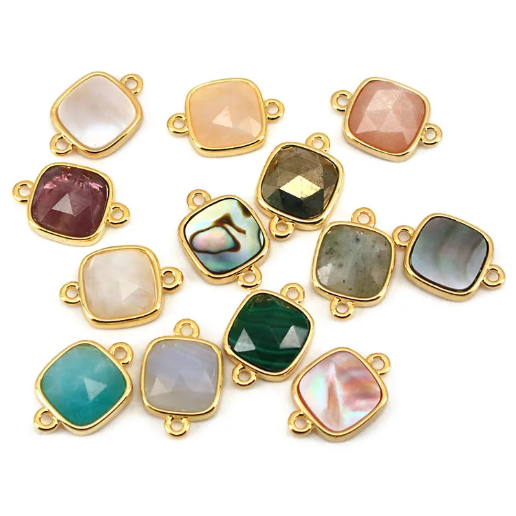 

JF8709 Dainty Gold Plated Faceted Natural Labradorite Semiprecious Stone Gemstone Square Bezel Two Ring Connector, Green,pink,white,pyrite,peach