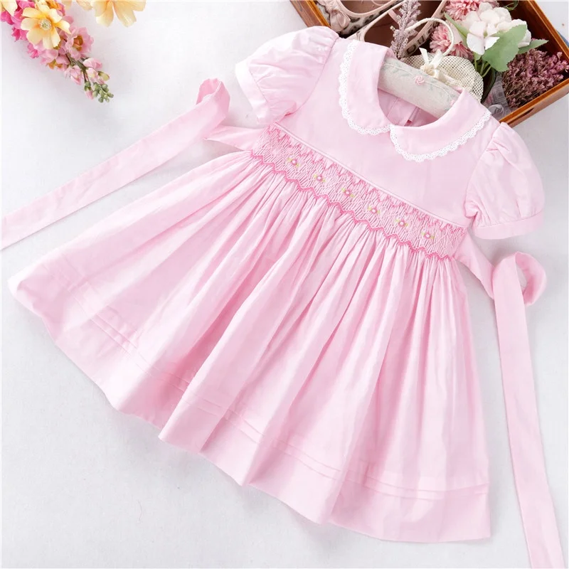 

B38563 baby girls dresses smocked PINK solid EASY peter pan collar kids clothes wholesale children clothing SUMMER