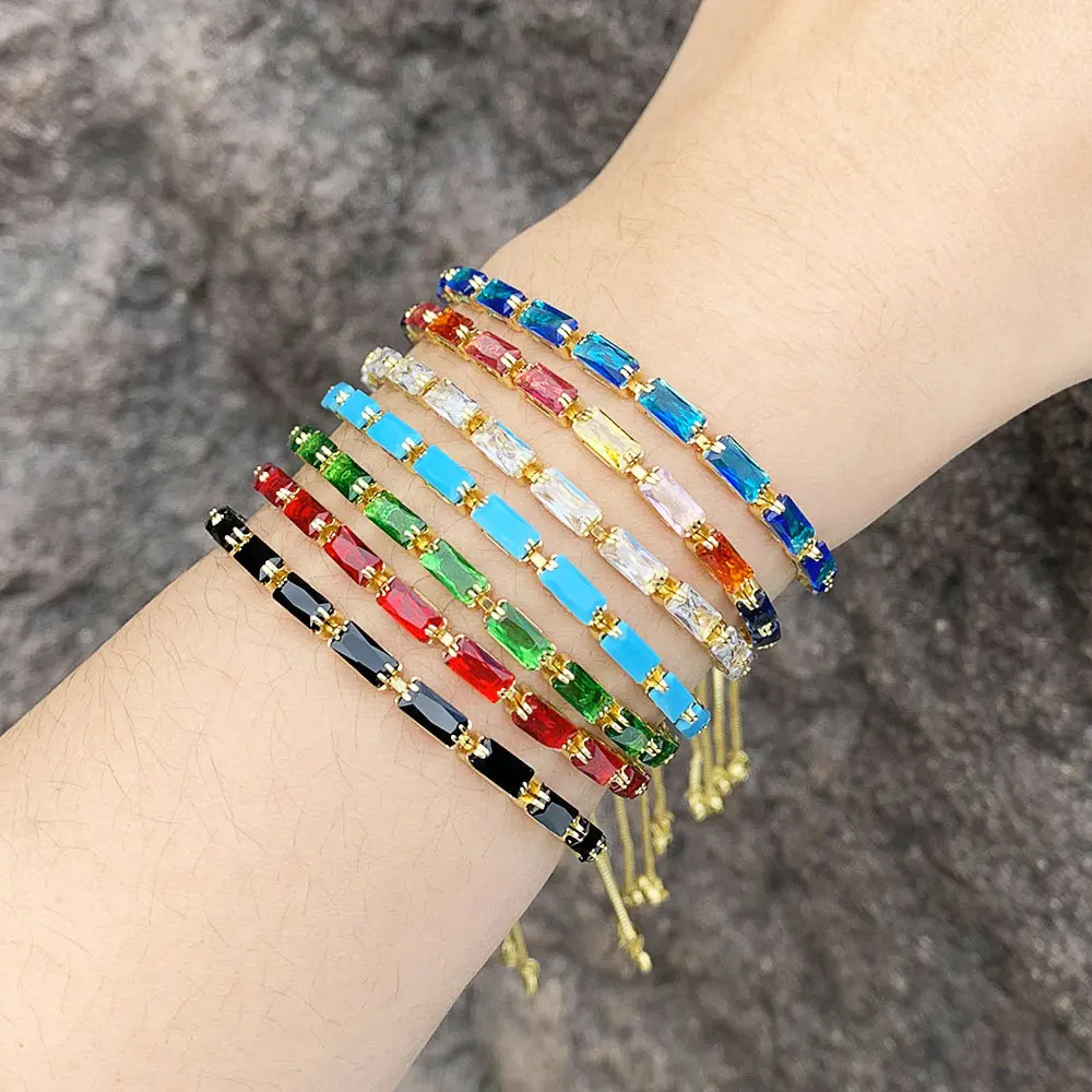 

Gold Plated Brass Colorful Crystal Zircon Bracelet Colorful Square Cubic Zircon Jewelry Adjustable Tennis Rainbow Bracelet