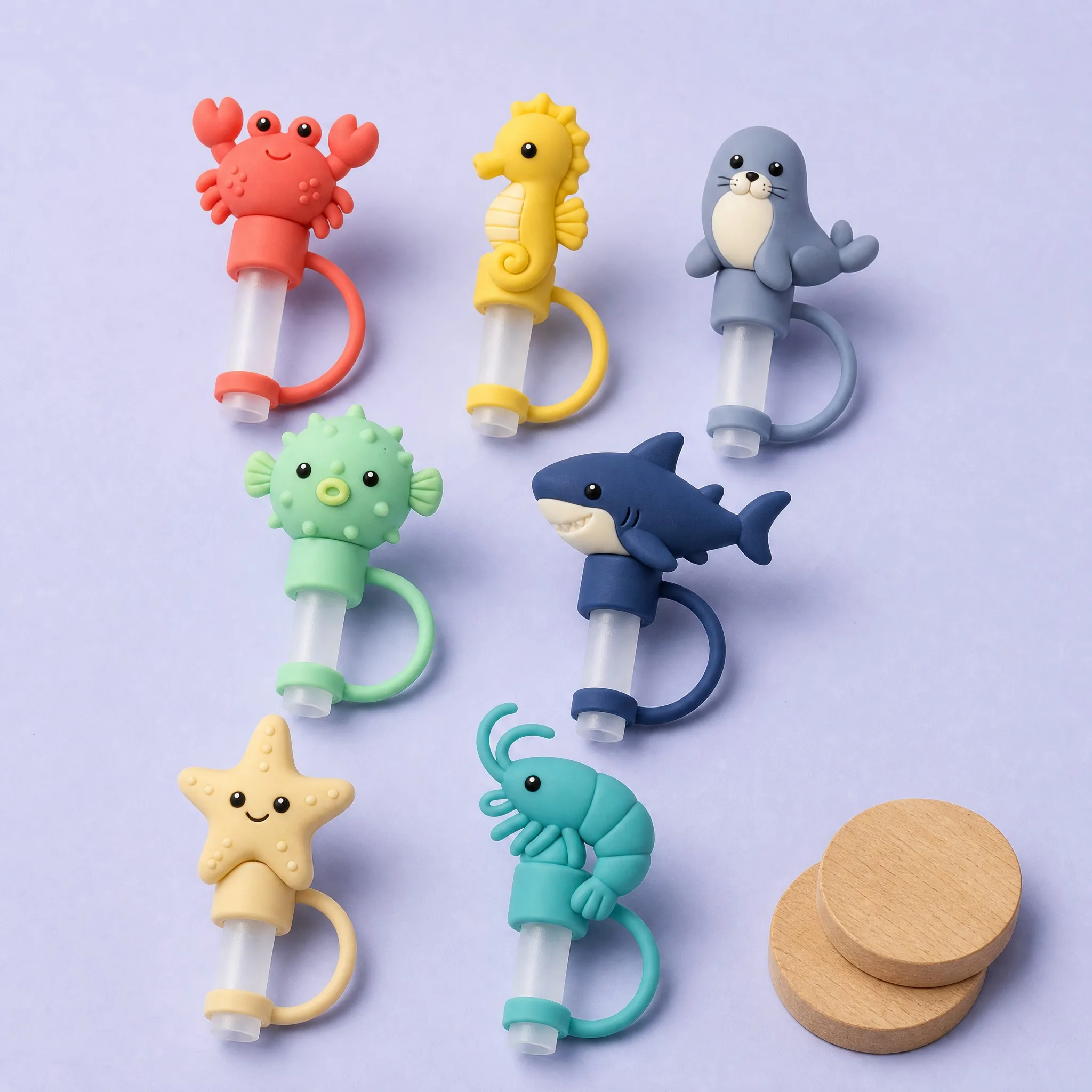 7 Sea Animals Straw Covers Flatlay with Wooden Coaster
