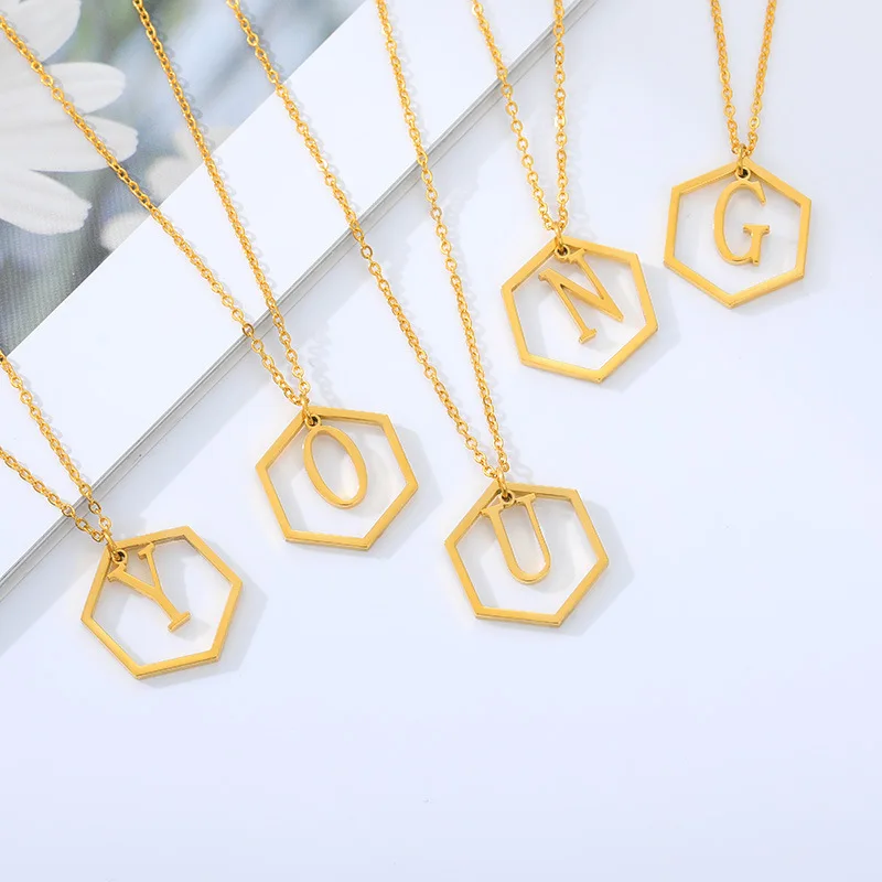 

New Hollow Out Hexagon A-Z Initials Pendant Necklace Simple Women Fashion Stainless Steel Necklace Jewelry Accessories Wholesale, Gold color
