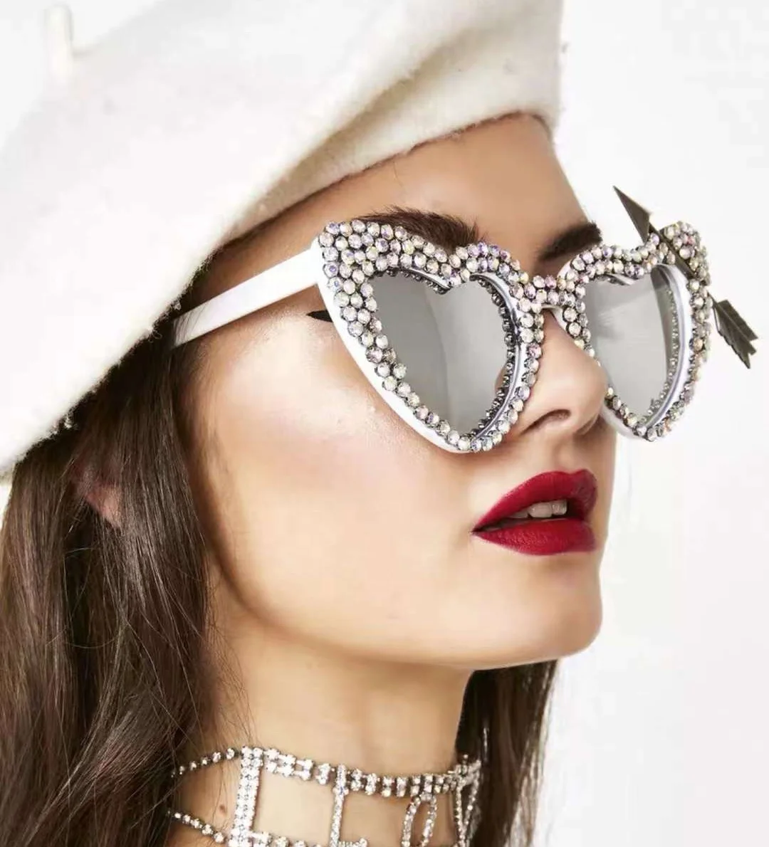

GB-01 New Men Luxury Heart Diamond Sun Glasses Fashion Women Heart Sunglasses With Arrows, As shown