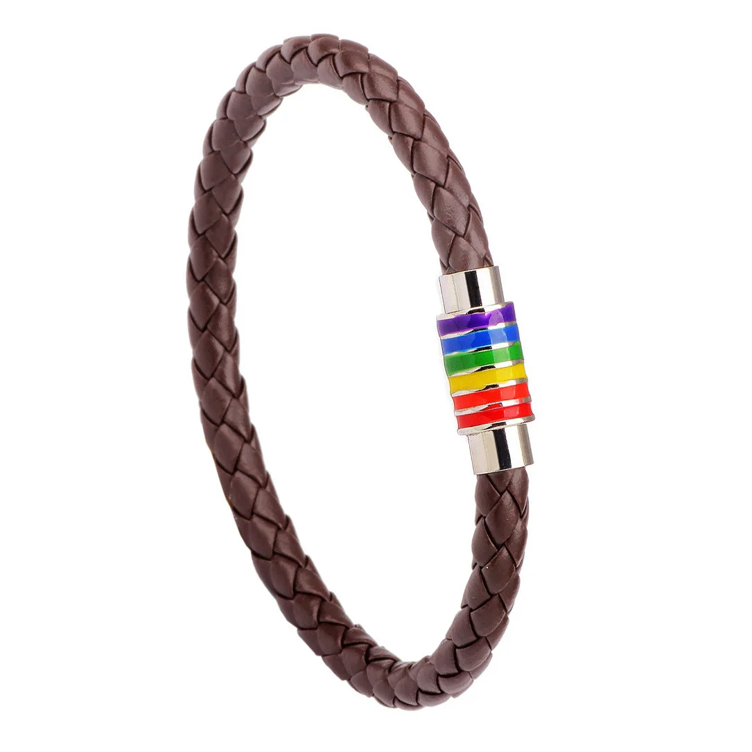 

European Enamel Rainbow Metal Buckle Leather Bracelet Braided Round PU Leather LGBT Pride Bracelet