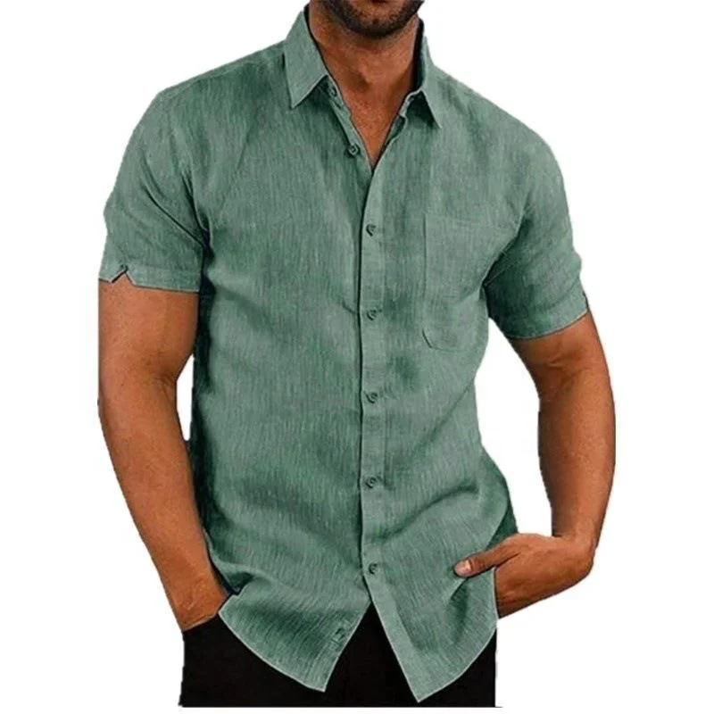 

2022 American Hot Sale Explosive Summer Lapel Solid Color Short Sleeve Button Men's Linen Shirt Men's Dropshippping, Picture shows