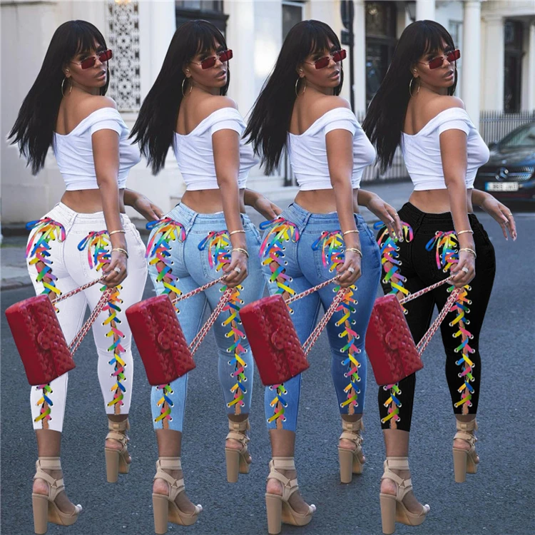 

2021 Summer Fashion Casual Bandage Skinny Womens Ripped Jeans Women Trousers Casual, Picture color