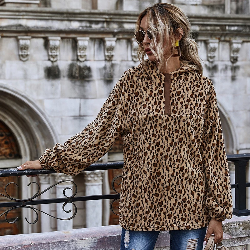 

Women's Fashion Loose Leopard Pullover Lambs Wool Hoodies Coats Women Casual Oversized Pullover Sweatcoats Wholesale Clothing