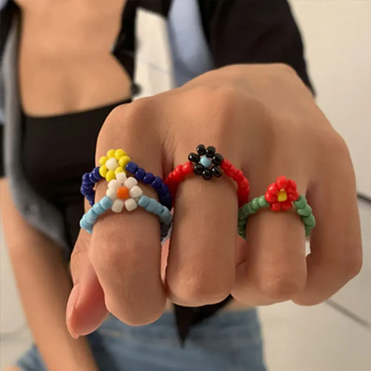 

Ethnic Style Candy Color Rice Beads Finger Ring Simple Handmade Woven Acrylic Small Daisy Beaded Rings for Women, White, black, blue, orange, multicolor