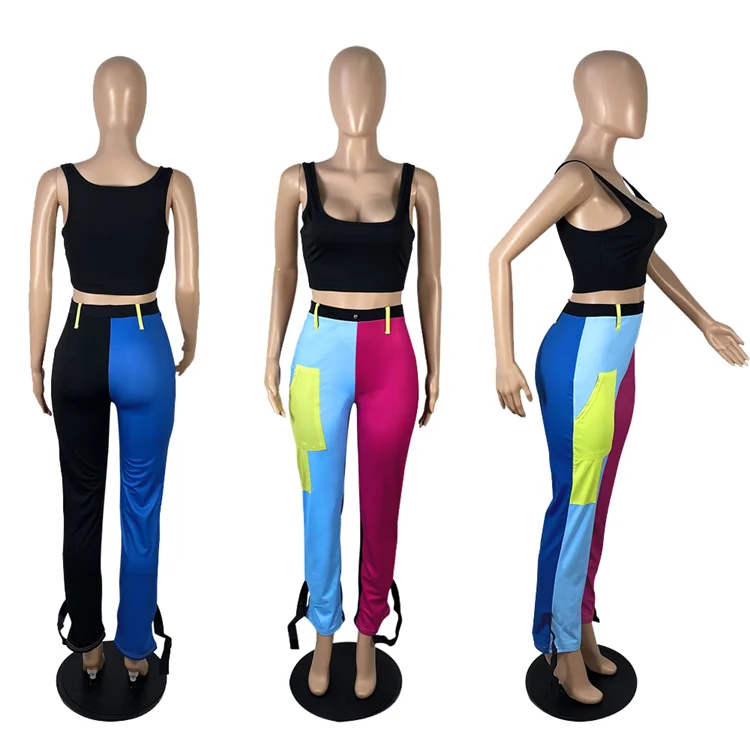 New Arrival 2 PCS Sweatsuit Patchwork Tank Top Long Pants Streetwear Summer Women Two Piece Set