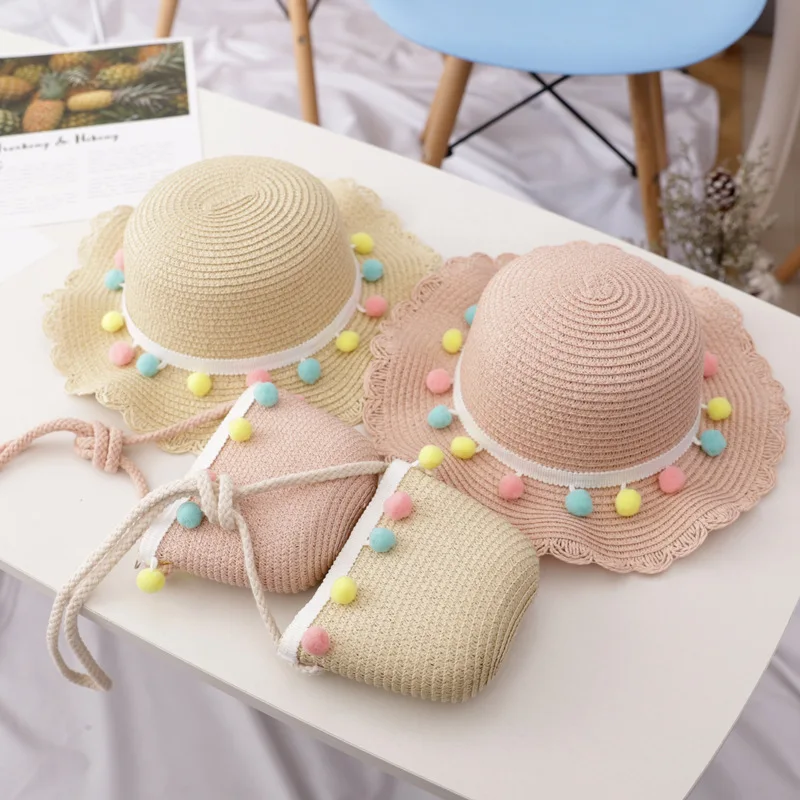 

2021 New Bags children's straw summer Sunshade Hat Handbags sets girl Vacation Holiday bags, 4 colors