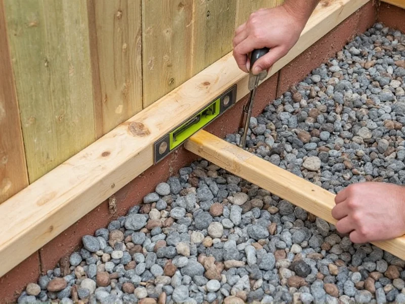 DIY shed kit foundation preparation with level tool