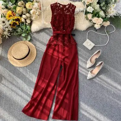 

2020 Fashion women hollow out lace wide leg pants long jumpsuits