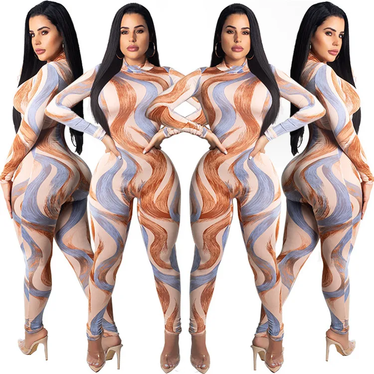 B91688 Fashion amazon hot sale high collar jumpsuit printed sexy bodycon jumpsuit and rompers 2019 Autumn clothes